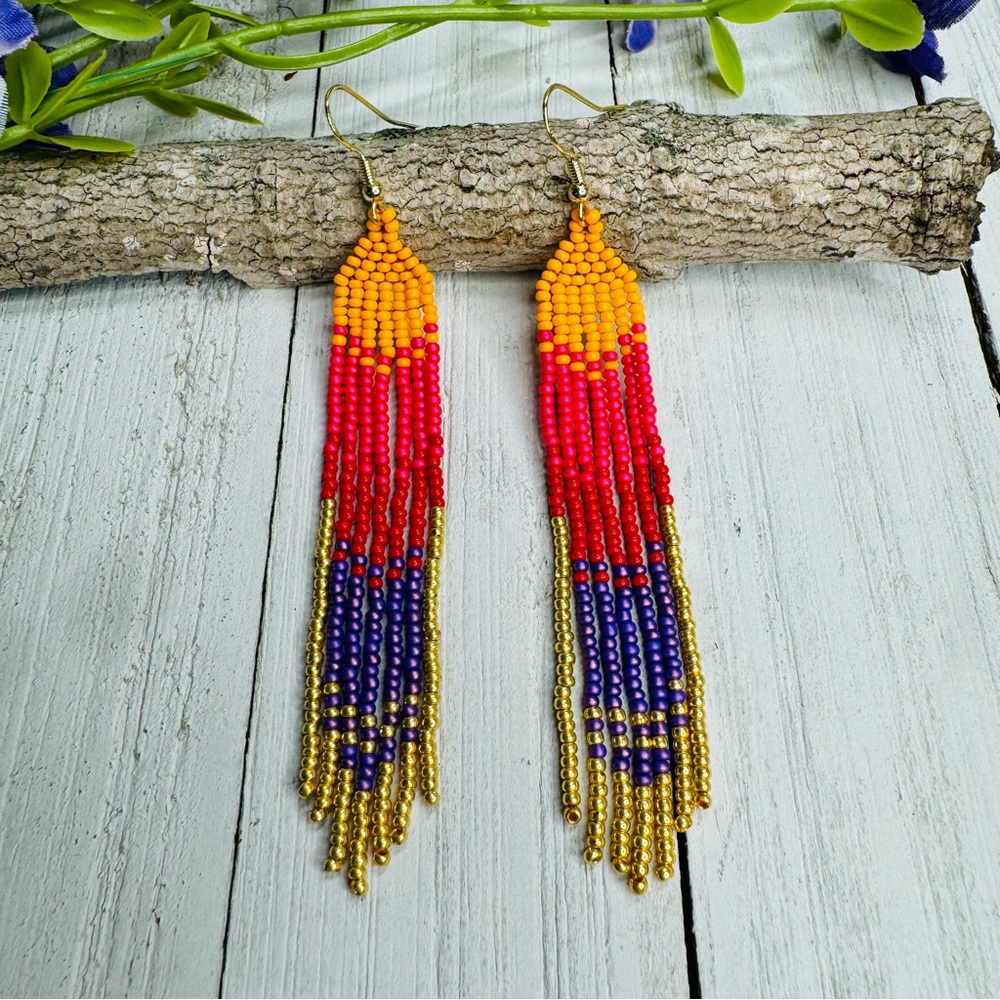 Purple Red Orange Gold Seed Beaded Earrings Hand Beaded Fringe Tassel Colorful
